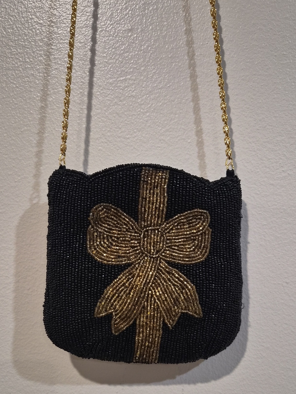 Vintage 80s 90s Black Micro Beaded Evening Bag Gold Seed Bead Bow Crossbody Purs